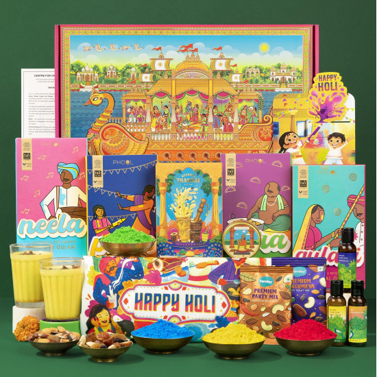 Phool 13+ item Holi Milan Giftbox | Holi colour Pack of 4 (Pink Yellow Green Blue) 100g Each | Thandai Powder + Chandan Tika 50g | Holi T-Shirt + Kimirica Body Care Kit | Farmley Dry Fruits Snacks