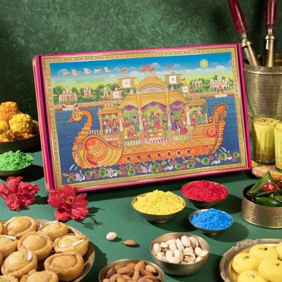 Phool 13+ item Holi Milan Giftbox | Holi colour Pack of 4 (Pink Yellow Green Blue) 100g Each | Thandai Powder + Chandan Tika 50g | Holi T-Shirt + Kimirica Body Care Kit | Farmley Dry Fruits Snacks