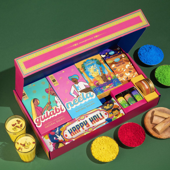 Phool 13+ item Holi Milan Giftbox | Holi colour Pack of 4 (Pink Yellow Green Blue) 100g Each | Thandai Powder + Chandan Tika 50g | Holi T-Shirt + Kimirica Body Care Kit | Farmley Dry Fruits Snacks