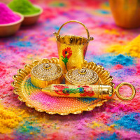 Jaipur Ace Laddu Gopal Holi Pichkari Balti Thali Set Mini Golden Kanha Ji Holi Decoration Accessories | Temple Pooja Decorative Holi Festival Gift Set (Pack of 1) (LADDO Gopal PICHKARI)
