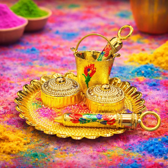 Jaipur Ace Laddu Gopal Holi Pichkari Balti Thali Set Mini Golden Kanha Ji Holi Decoration Accessories | Temple Pooja Decorative Holi Festival Gift Set (Pack of 1) (LADDO Gopal PICHKARI)