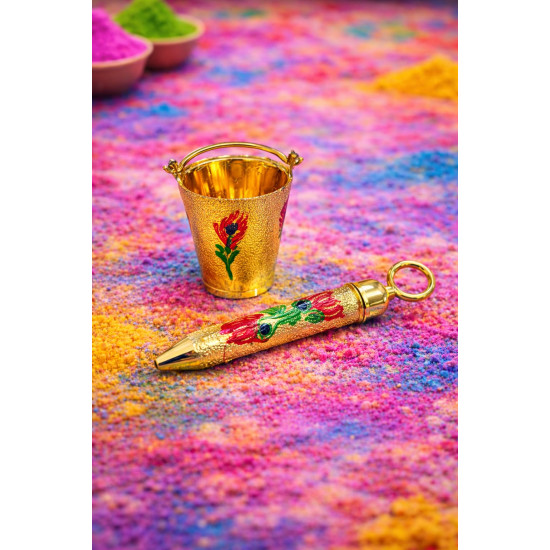 Jaipur Ace Laddu Gopal Holi Pichkari Balti Thali Set Mini Golden Kanha Ji Holi Decoration Accessories | Temple Pooja Decorative Holi Festival Gift Set (Pack of 1) (LADDO Gopal PICHKARI)