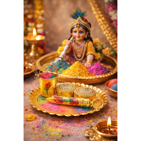 Jaipur Ace Laddu Gopal Holi Pichkari Balti Thali Set Mini Golden Kanha Ji Holi Decoration Accessories | Temple Pooja Decorative Holi Festival Gift Set (Pack of 1) (LADDO Gopal PICHKARI)