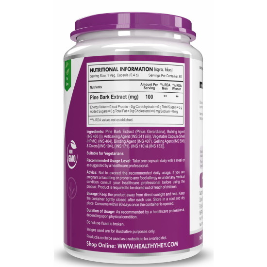 HealthyHey Nutrition Pine Bark Extract - 100 mg per serving - 60 Vegetable Capsules