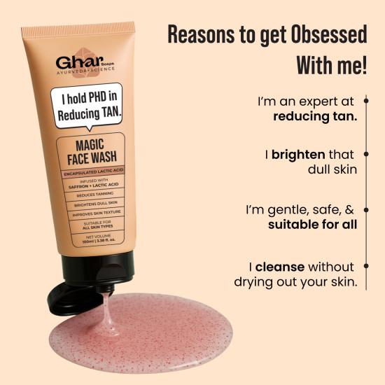Ghar Soaps Magic De-Tan Face wash With Saffron & Glutathione 100ml | Tan Removal, Brightening and Glowing Skin I For All Skin Type I For Men & Women (Pack of 1)