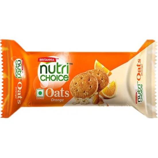 Britannia NutriChoice Oats Cookies - Orange With Almonds, Healthy Snack, Fibre Enriched, 75 g