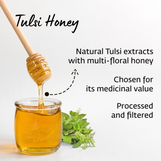 Isha life Tulsi Honey (500gm). Processed and filtered. Honey mixed with Tulsi extracts. High in medicinal value. Suggested for cold related symptoms. Good for Immunity