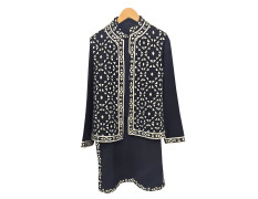 Men's Black Creamy White Printed Designer Bandhgala Set Wedding, Family Function, Festival