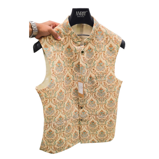 Men's Creamy White Digital Printed Designer Nehru Jacket Wedding, Family Function, Festival