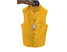 Customized Men's Yellow Leaf embossed Designer Nehru Jacket Wedding, Family Function, Festival