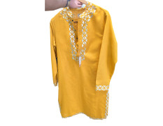 Customized Men's Yellow Neck Abstract Printed Designer Kurta Set Wedding, Haldi function and Family Function