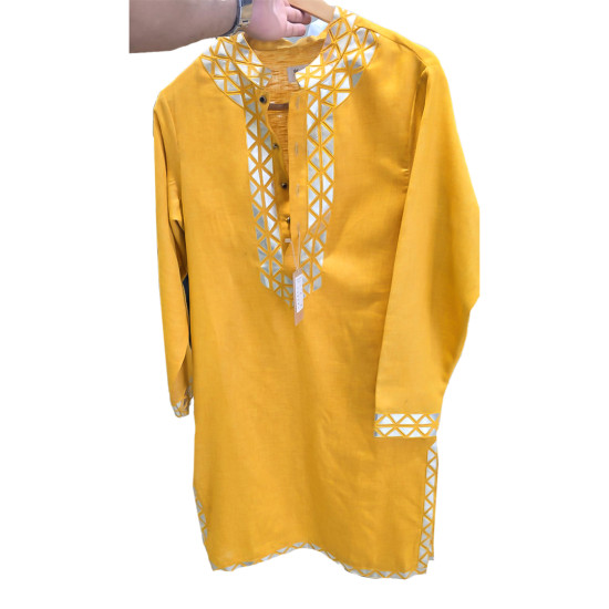 Customized Men's Yellow Neck Abstract Printed Designer Kurta Set Wedding, Haldi function and Family Function