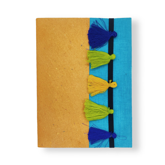 NeuOrigin Handmade Paper Notebook - Yellow and Blue with Tassels and Bookmark- Handcrafted in India