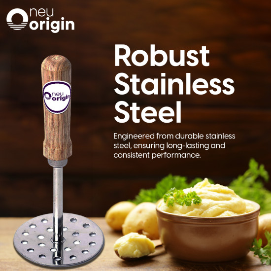 NeuOrigin 8.6 Inch Stainless Steel Masher with Wooden Handle - Versatile Kitchen Tool for Ground Beef, Potatoes, Avocado, Vegetables, Fruits - Ideal for Baby Food Preparation & Meat Mashing